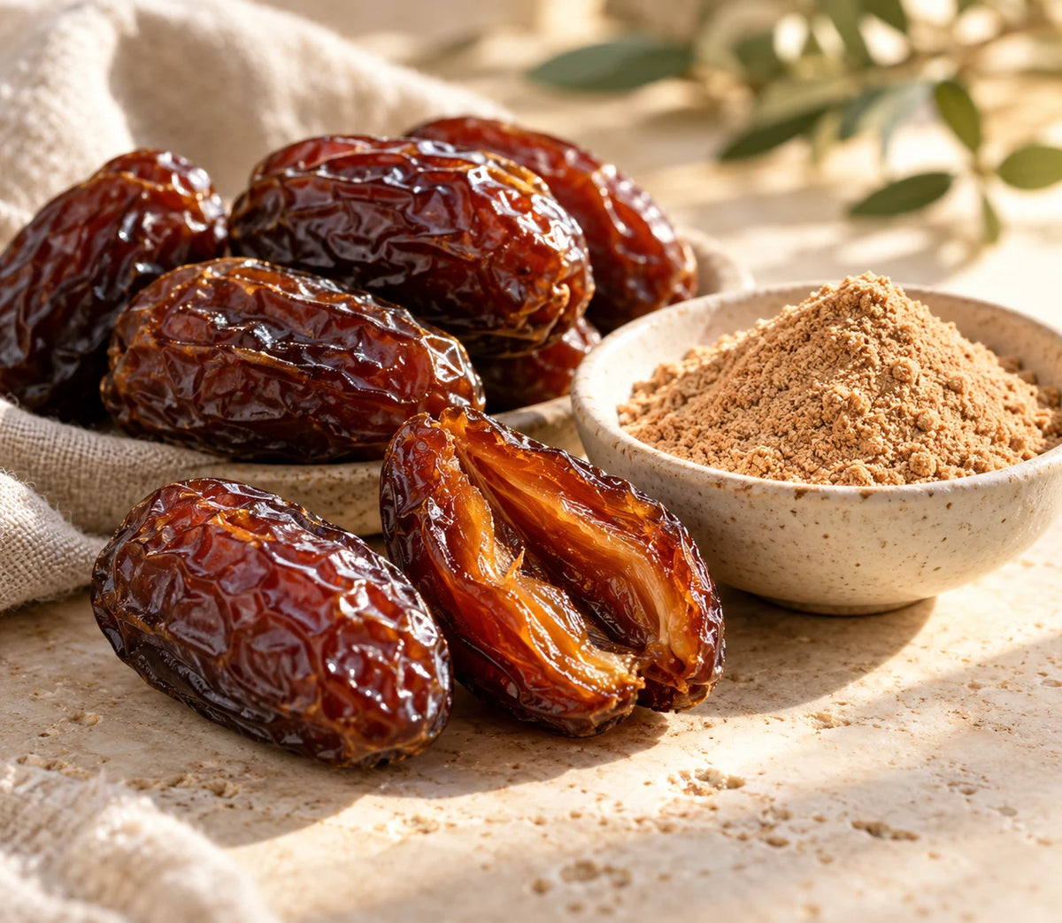 Medjool dates beside a bowl of date powder.