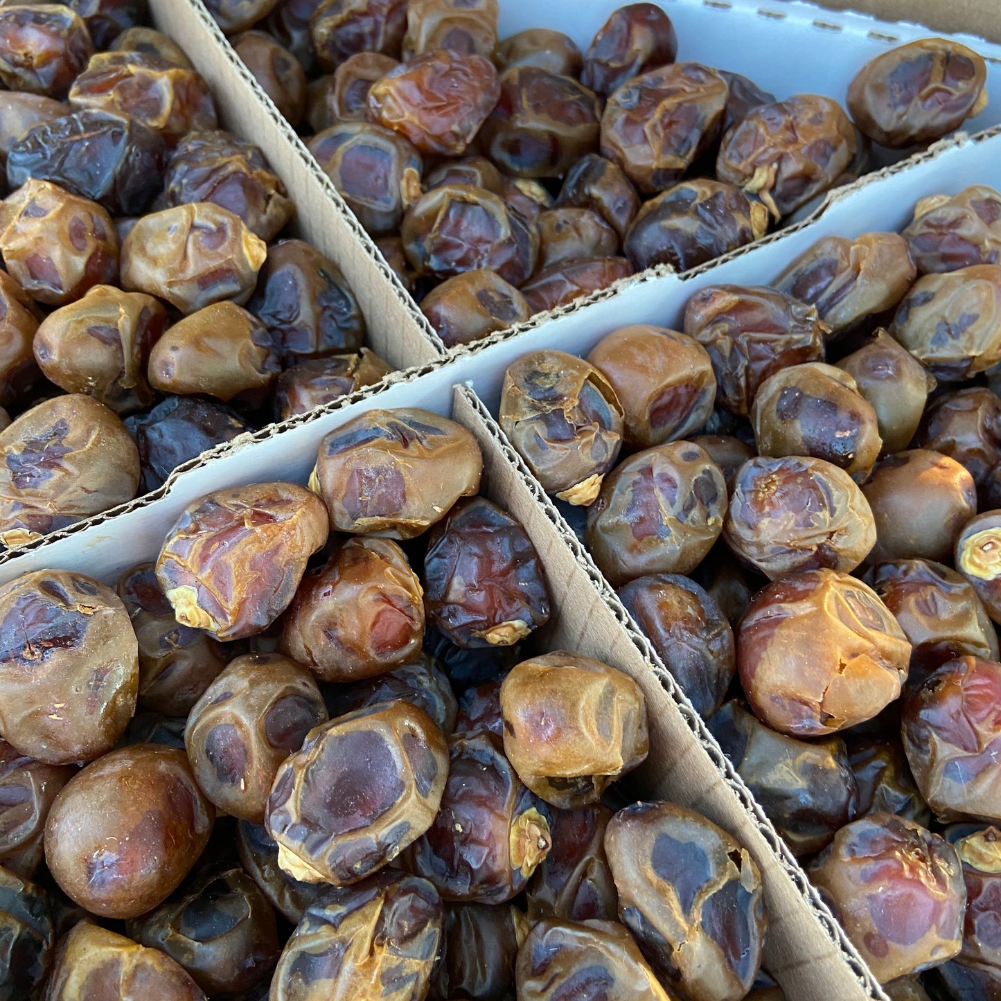 Close up shot of brown barhi dates in a box
