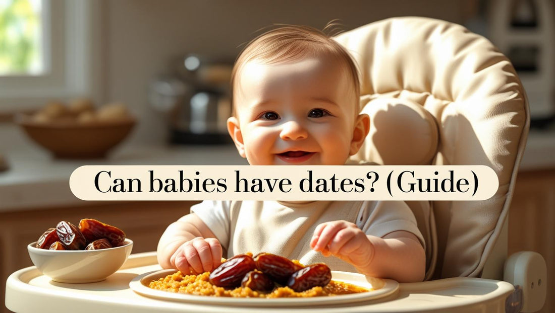 Smiling baby in a high chair with a bowl of dates and cereal, representing the topic “Can babies have dates?