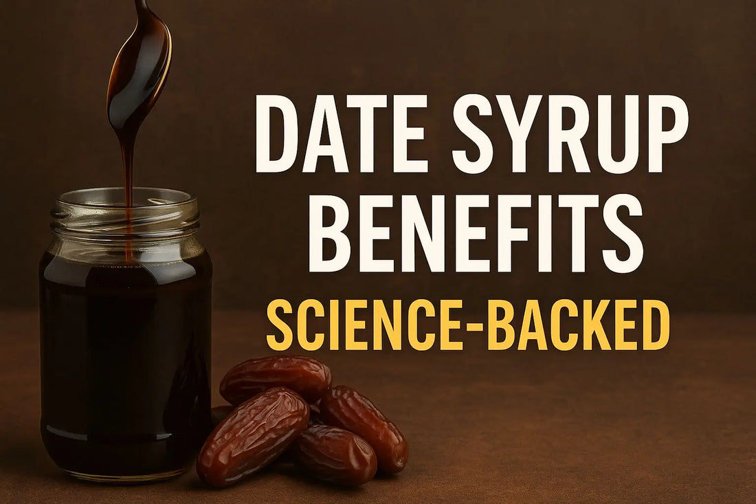 Jar of dark date syrup with dates and a spoon, paired with bold text "Date Syrup Benefits – Science-Backed" to promote date syrup health advantages.
