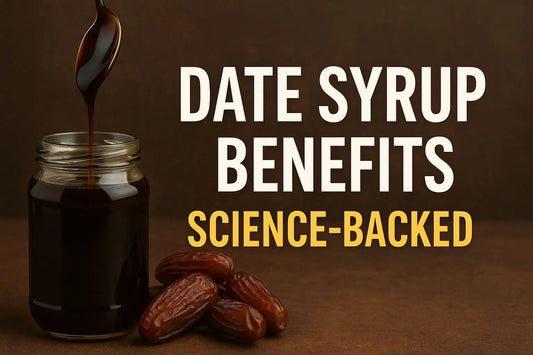Jar of dark date syrup with dates and a spoon, paired with bold text "Date Syrup Benefits – Science-Backed" to promote date syrup health advantages.
