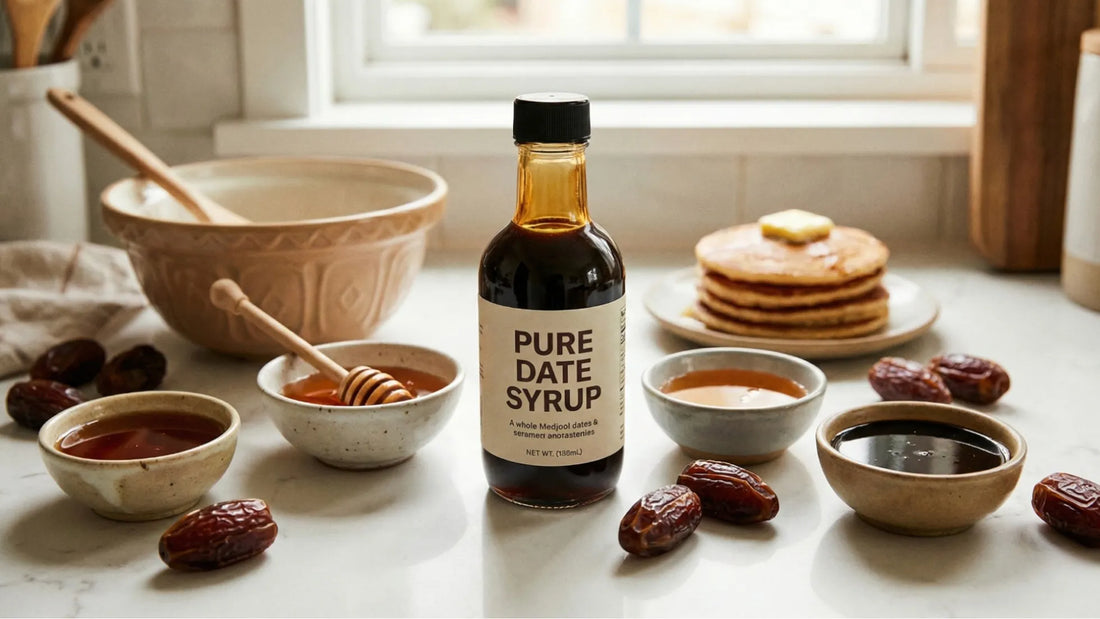 Nature’s Gold pure Medjool date syrup bottle with whole dates, ideal as a healthy substitute for sugar