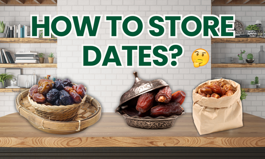 Visual guide showing best way to store dates, store dried dates at home, and how long dates are good for.