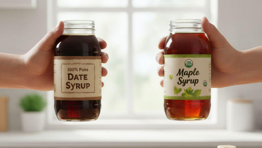 Close-up of hands holding labeled jars of date syrup and maple syrup for side-by-side comparison.