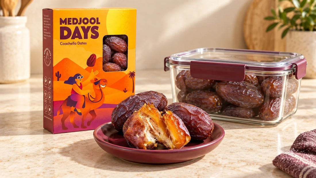 Medjool Days dates beside a sealed glass storage container, with a split date showing amber flesh