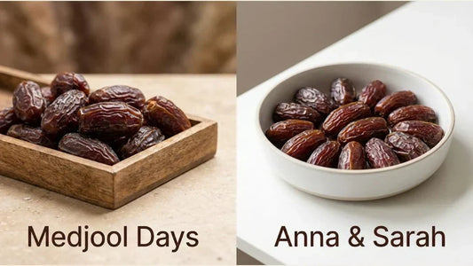Side-by-side bowl display of Medjool Days and Anna and Sarah dates for quality comparison