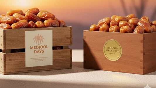 Medjool Days and Rancho Meladuco dates displayed in wooden crates against a warm backdrop