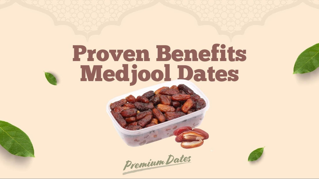 Banner image with a box of premium dates showing proven pitted Medjool dates benefits and healthy nutrition facts.