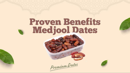 Banner image with a box of premium dates showing proven pitted Medjool dates benefits and healthy nutrition facts.