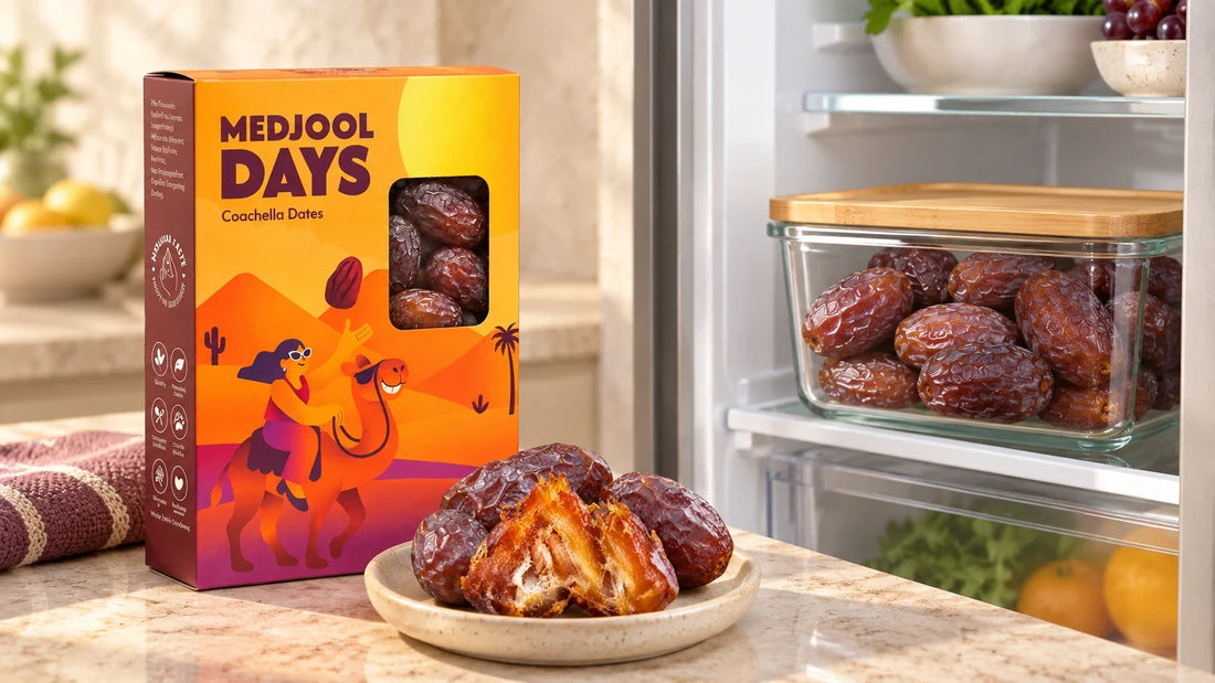 Medjool dates in a sealed refrigerator container with branded packaging on the counter