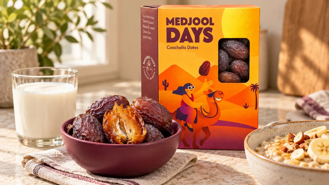 Medjool Days dates served beside milk and breakfast oats