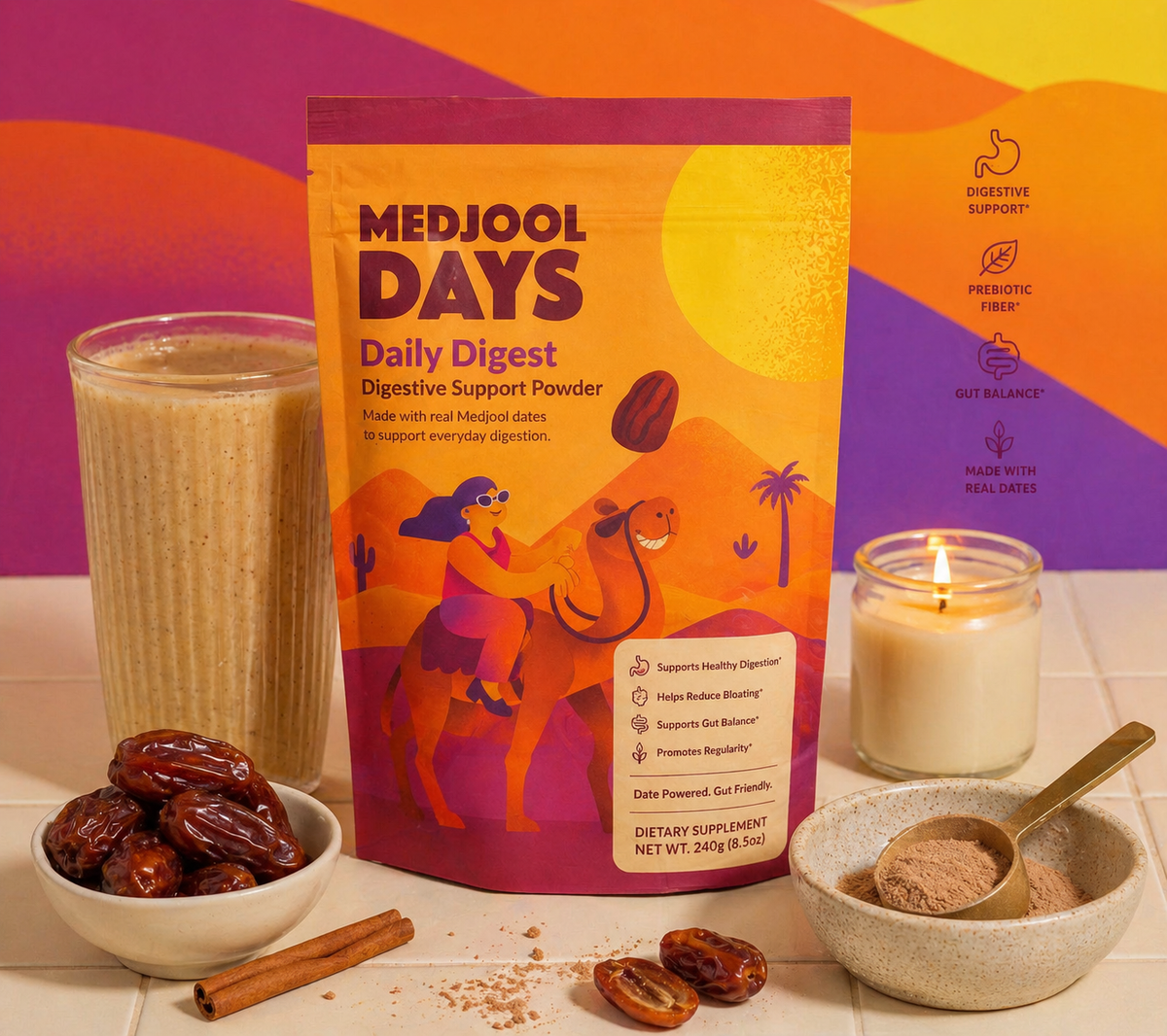 Daily Digest pouch with smoothie, dates, cinnamon, and powder bowl