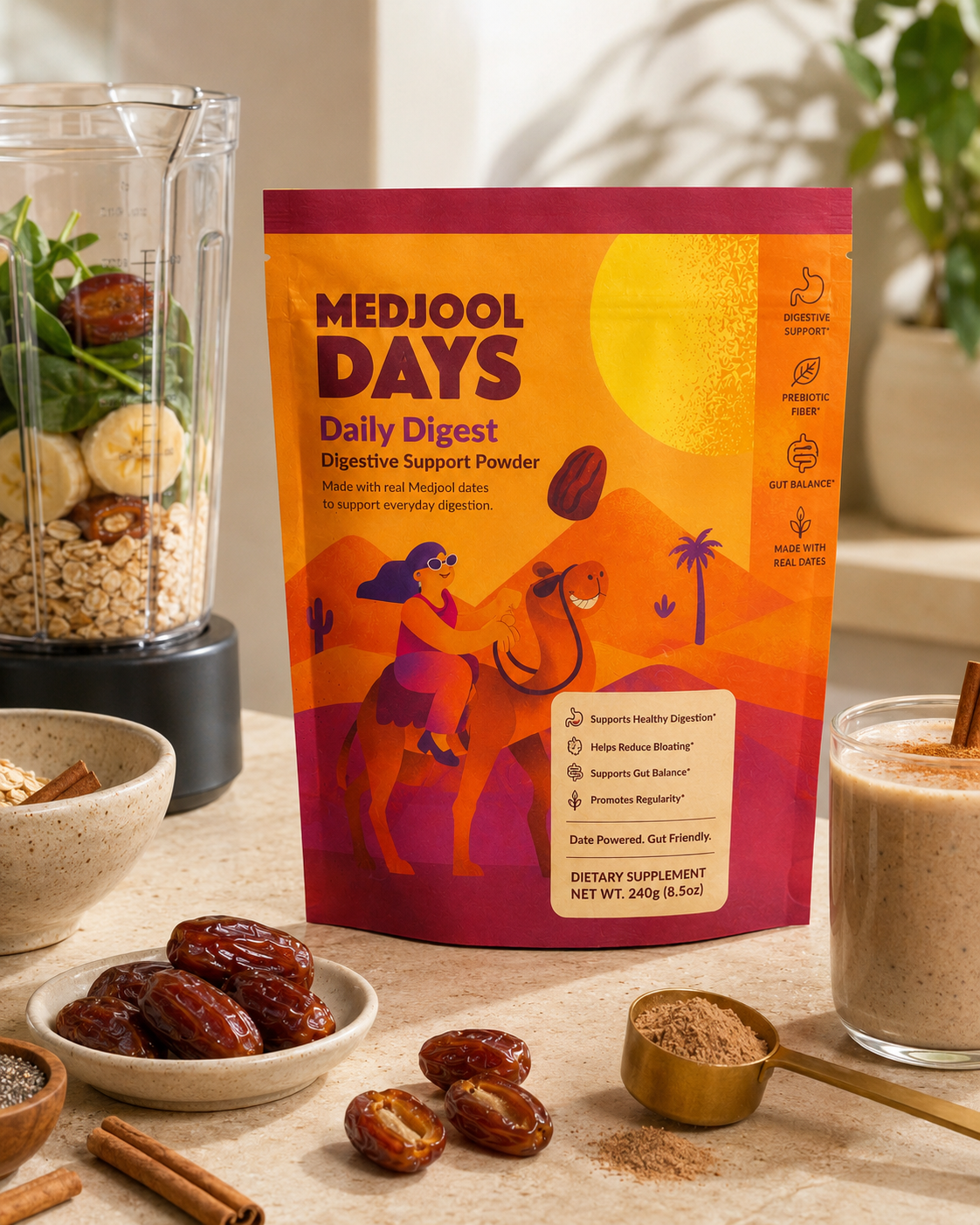 Daily Digest pouch beside blender and date smoothie ingredients