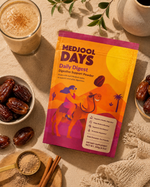 Daily Digest pouch styled flat lay with dates and smoothie