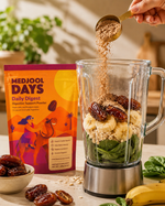 Daily Digest powder being added to blender with dates and bananas