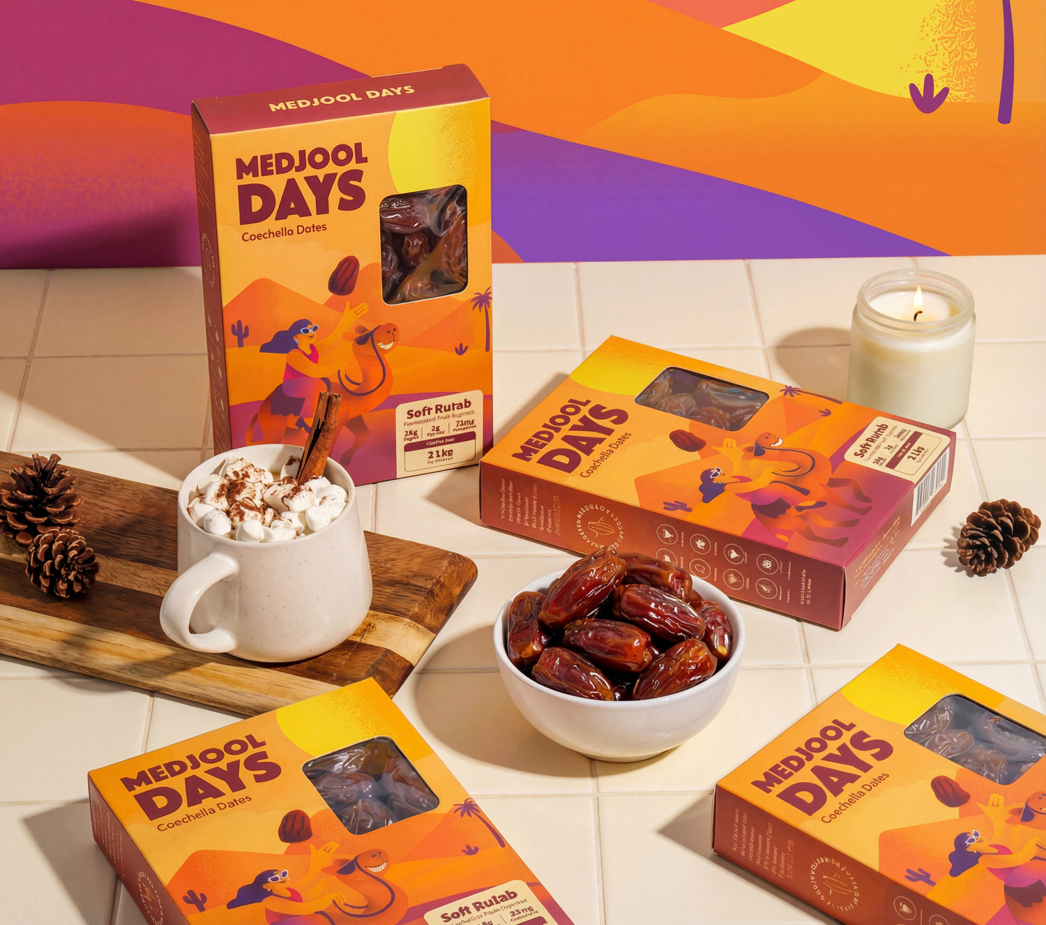 Fresh Medjool dates, stuffed dates and date products from Medjool Days on a wooden board with branded Coachella Valley packaging