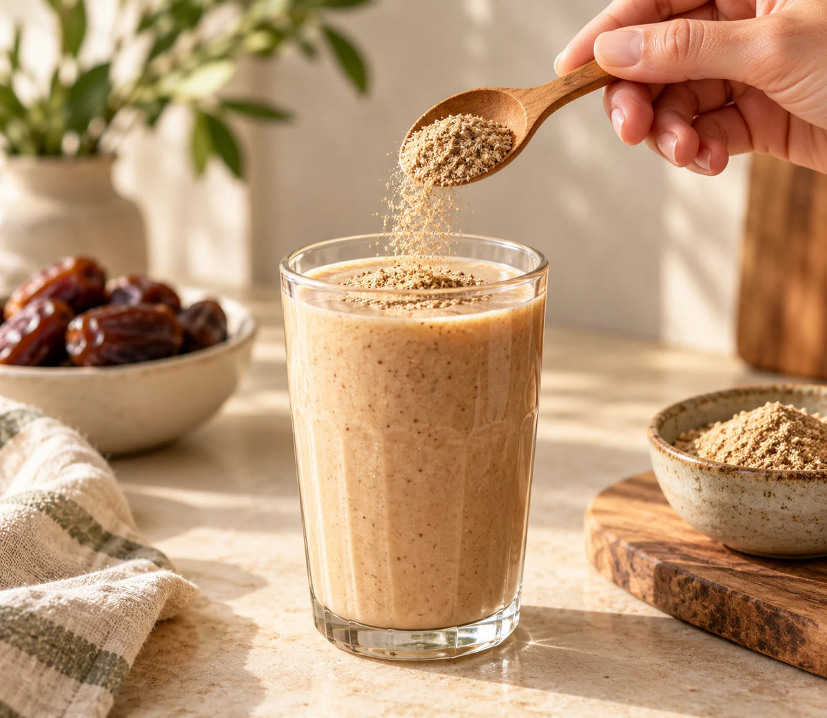A spoon adding a fiber blend to a smoothie.
