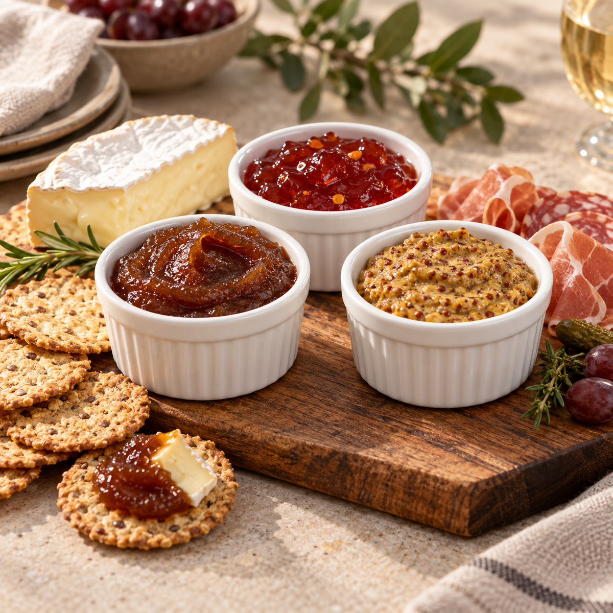 Charcuterie spreads with serving suggestions on a cheese board