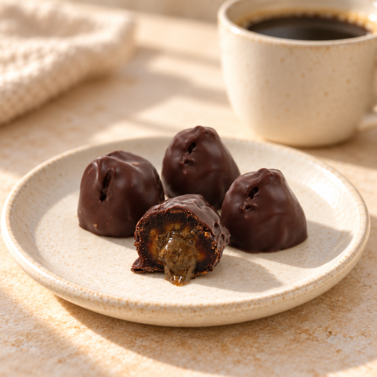 Coffee chocolate Medjool dates on a plate beside coffee