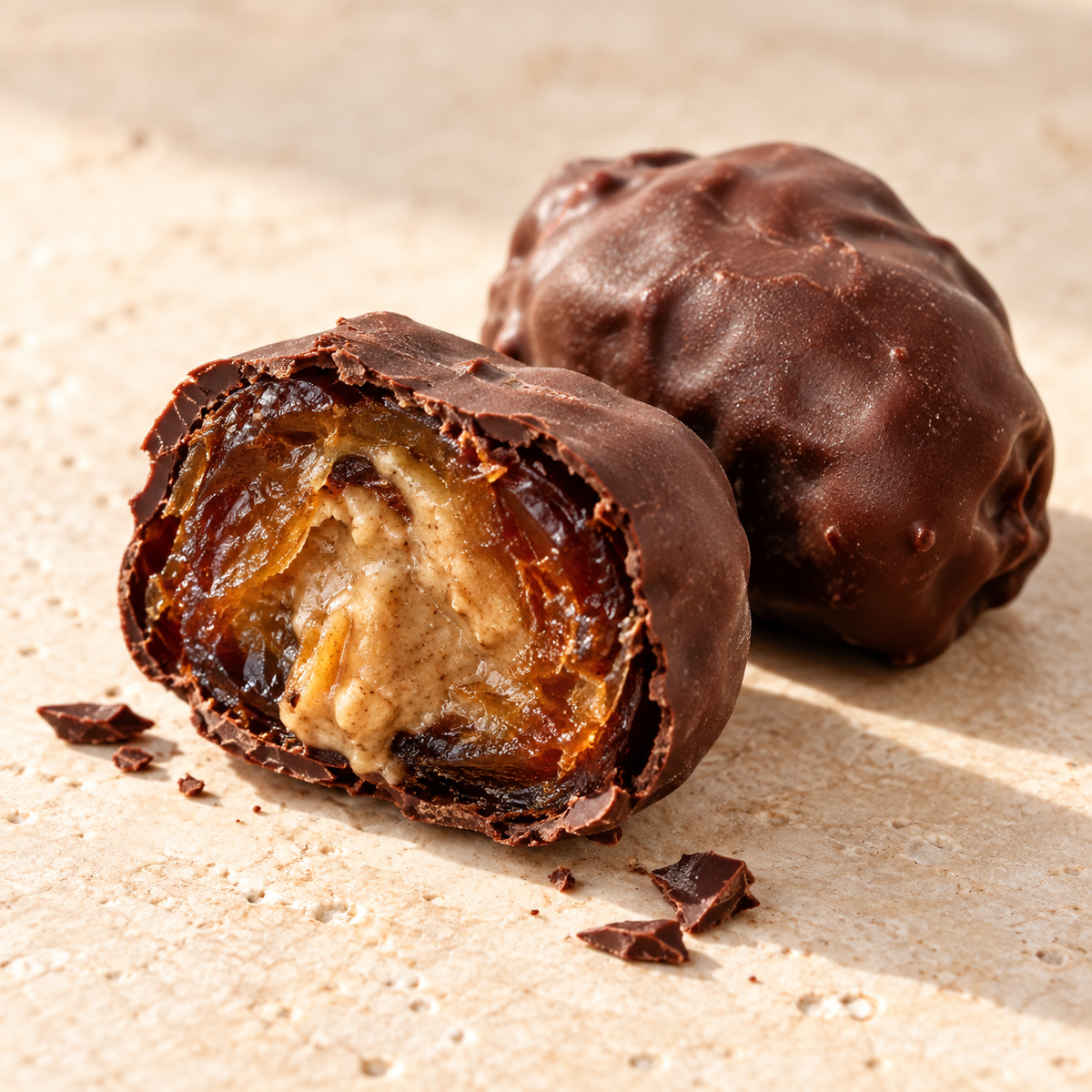 Spiced chocolate Medjool date cut open to show sunflower butter