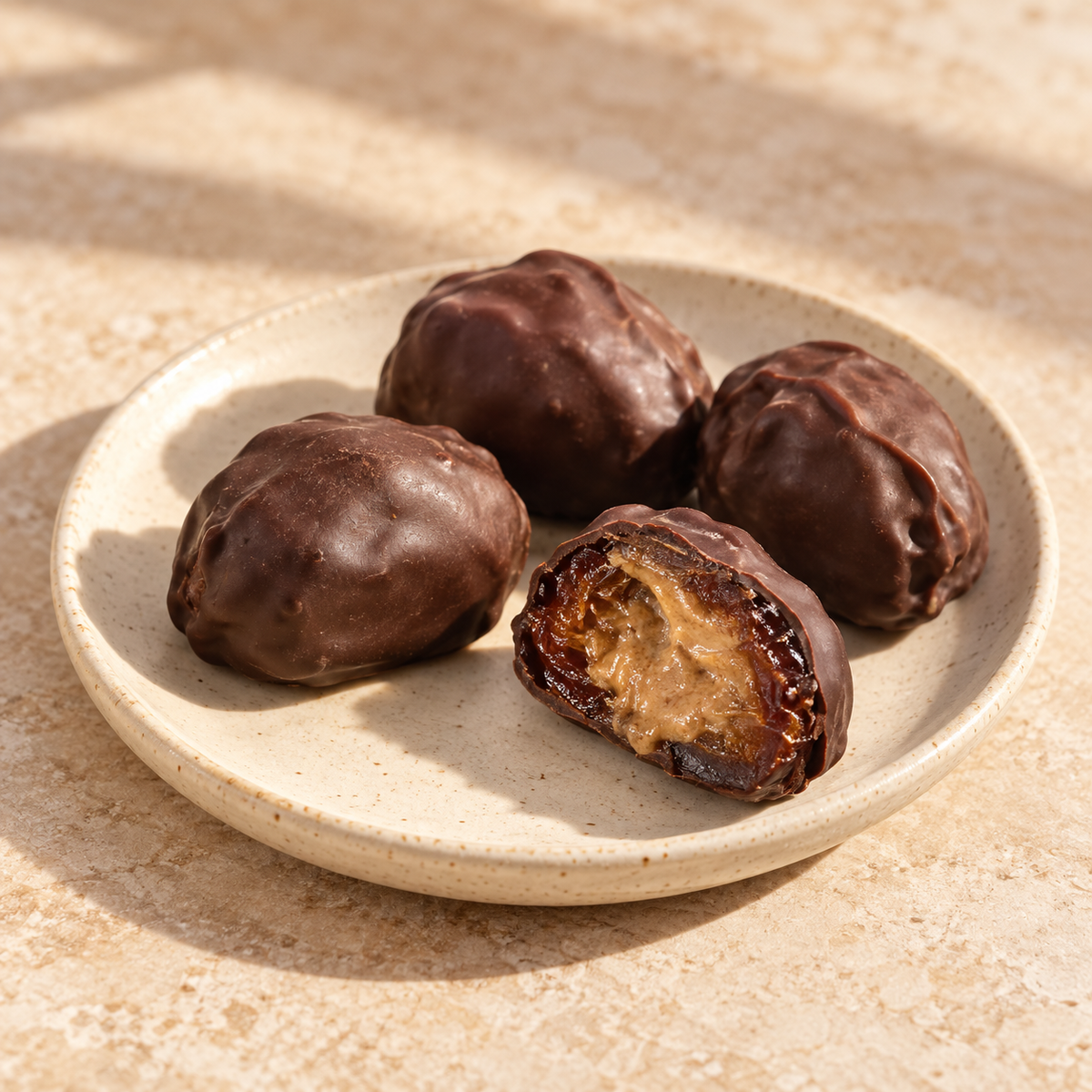 Spiced chocolate Medjool dates served on a plate