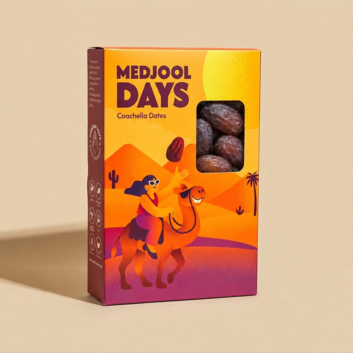 Medjool Days box with plump Rutab dates visible through the window