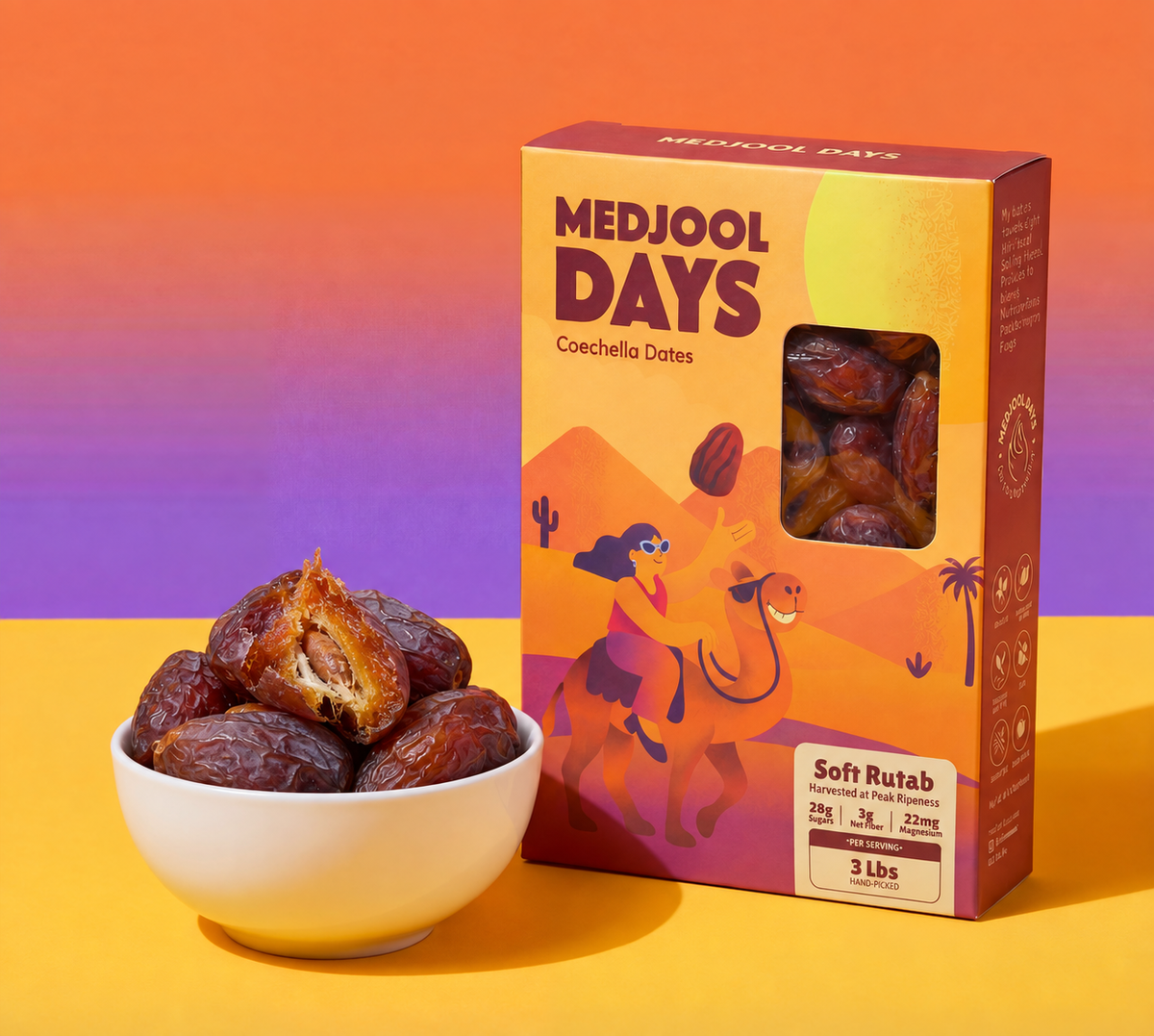 rutab box and bowl with plump soft Rutab Medjool dates
