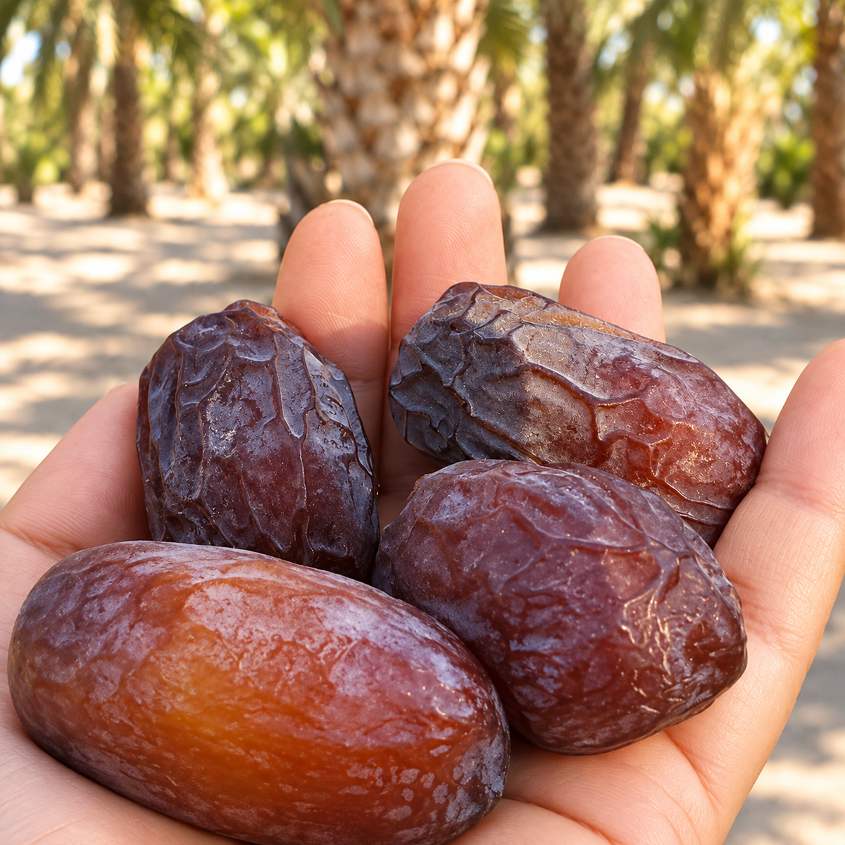 Four plump Rutab Medjool dates held in an open palm