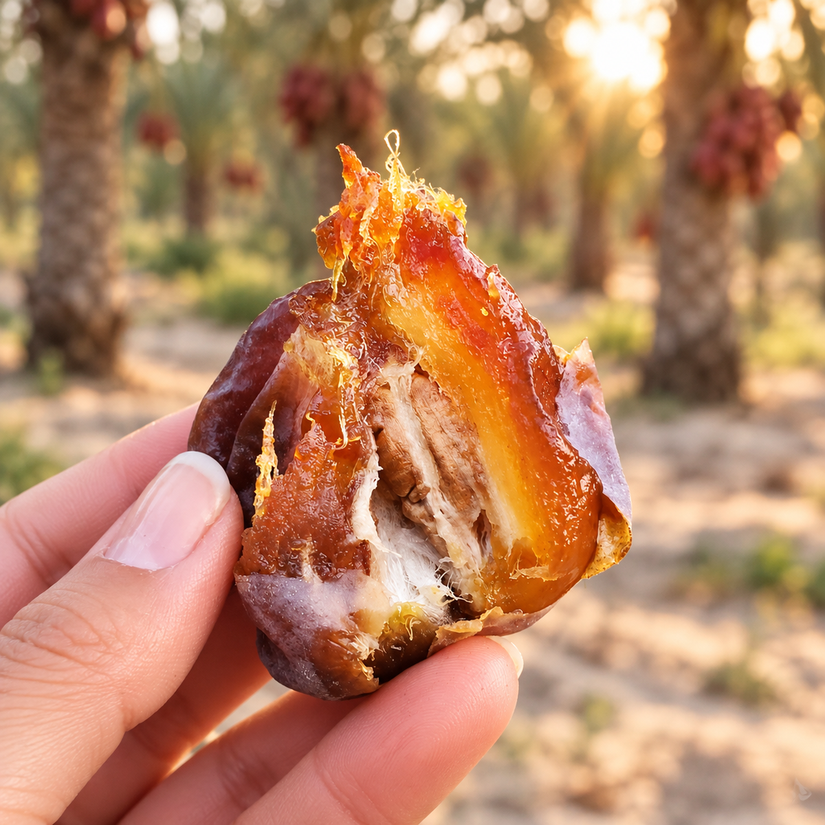 A Rutab Medjool date opened by hand to reveal its succulent center