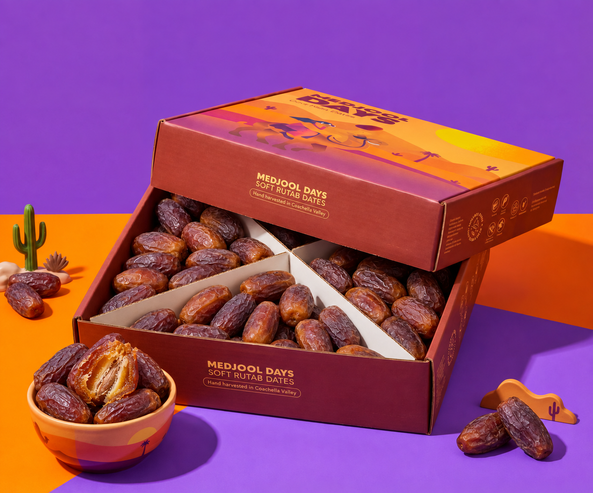 rutab purple open box with plump soft Rutab Medjool dates